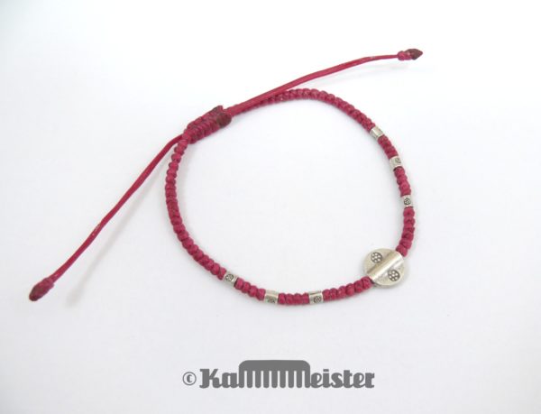 Makramee Armband - bordeaux rot - Blüten Scheibe - Silber - Schiebeknoten