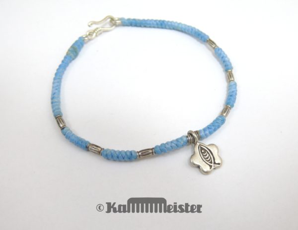 Makramee Armband - pastell blau - Fisch - Silber - Hakenverschluss