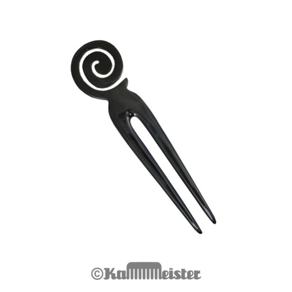 Haarnadel Horn 2-zinkig aus schwarzem Büffelhorn - Dekor Spirale