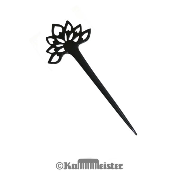 Haarnadel Horn 1-zinkig aus schwarzem Büffelhorn - Dekor Lotosblüte