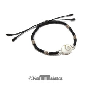 Makramee Armband - schwarz - Operculum oval - Silber - Schiebeknoten